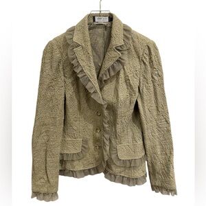 Textured Olive Ruffle-Trim Blazer Jacket